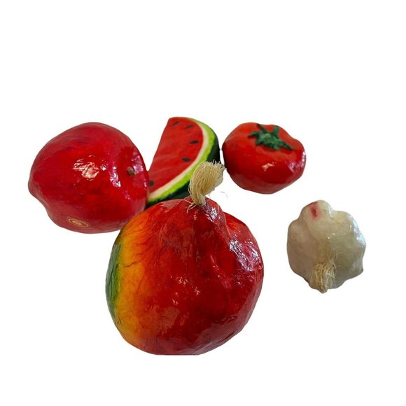 Vintage Vegetables Fruit Paper Mache Red Folk Art 5 Pieces  Colorful Bright - Picture 4 of 8